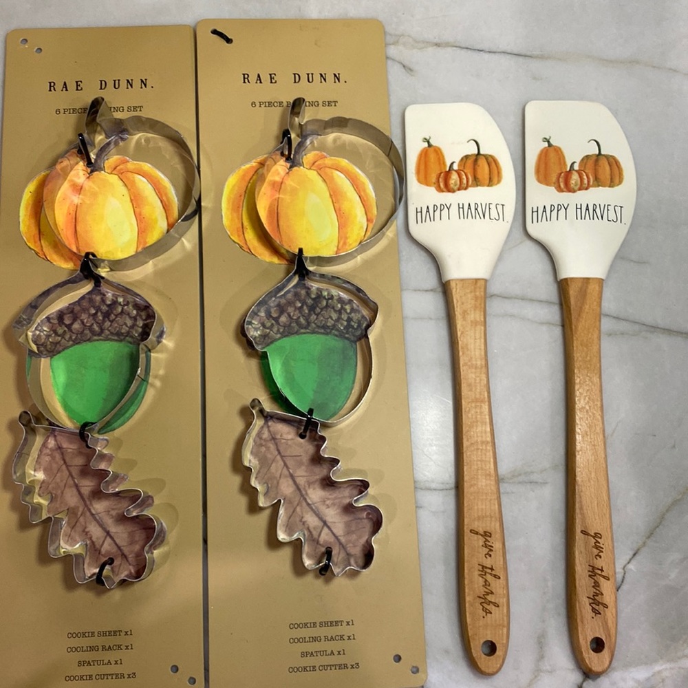 Happy Harvest Fall baking 6 fall metal cookie cutters 2 rubber Spatulas New